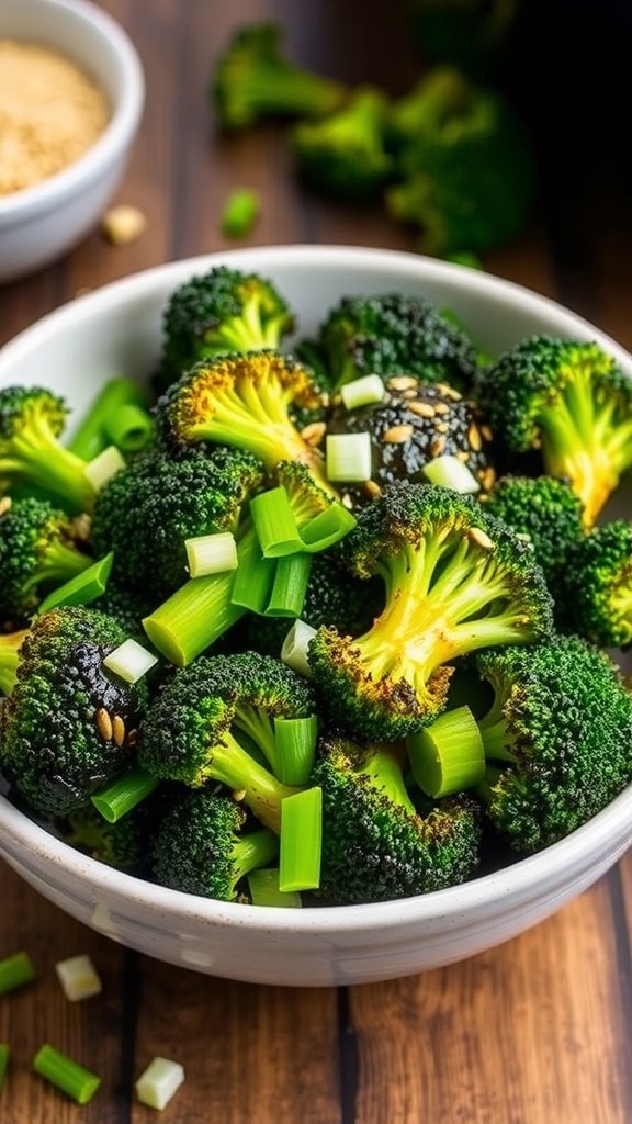Air Fryer Broccoli with Soy Sauce Crispy air fryer broccoli garnished with sesame seeds and green onions on a wooden table.